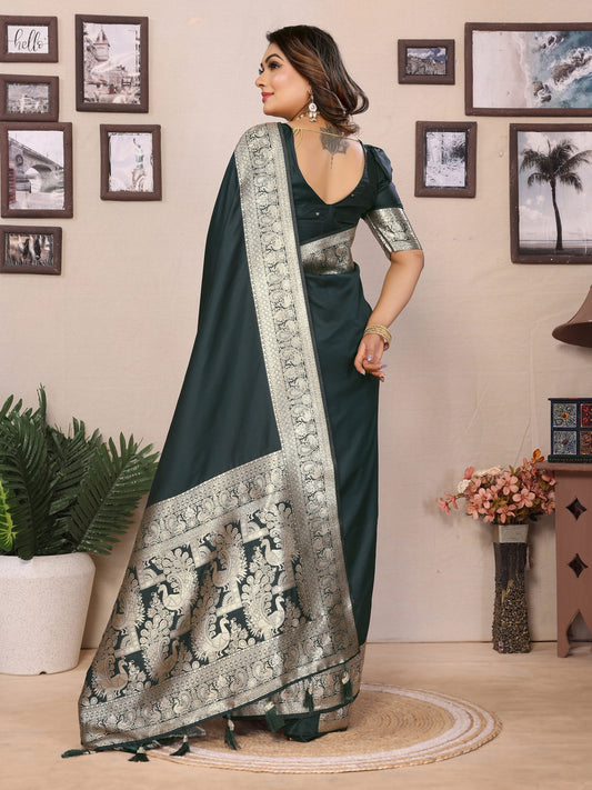 Vedant Vastram Soft Litchi Silk Banarasi Silk Saree - Green | Swadesiicart