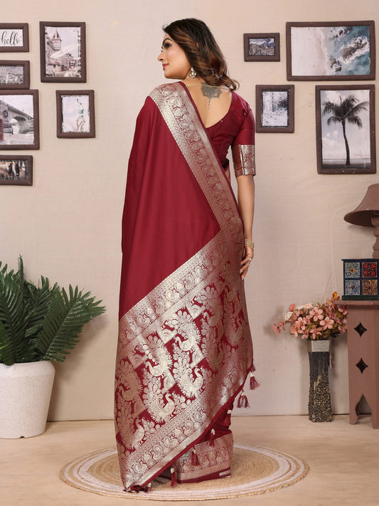 Vedant Vastram Soft Litchi Silk Banarasi Silk Saree - Maroon | Swadesiicart