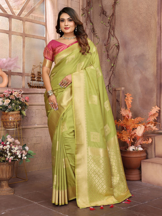 Vedant Vastram Soft Litchi Silk Banarasi Silk Saree - Olive | Swadesiicart