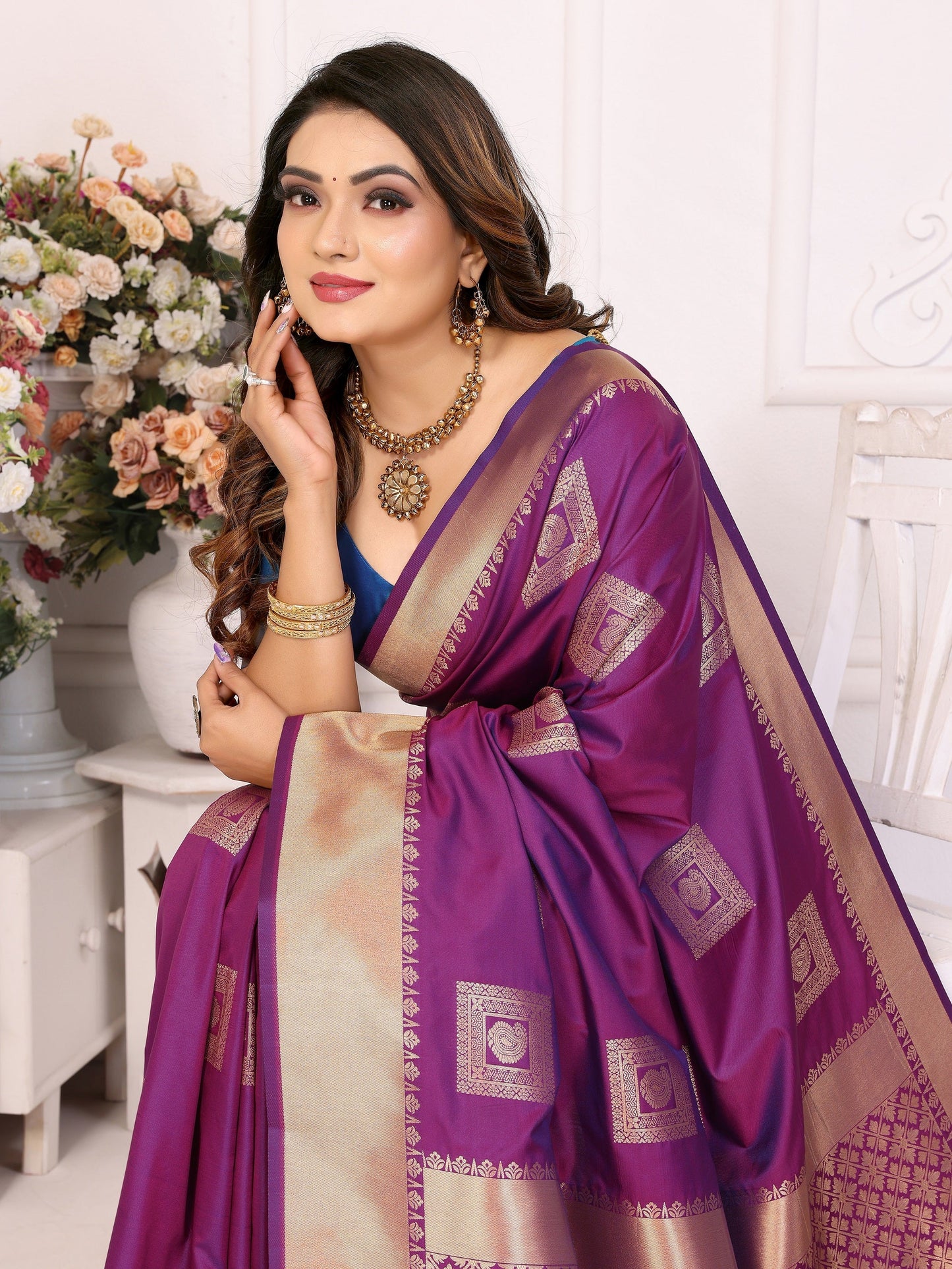 Vedant Vastram Soft Litchi Silk Banarasi Silk Saree - Purple | Swadesiicart
