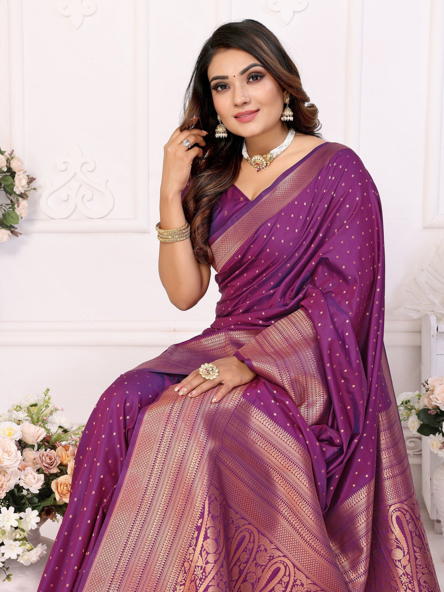 Vedant Vastram Soft Litchi Silk Banarasi Silk Saree - Purple | Swadesiicart
