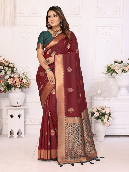Vedant Vastram Soft Litchi Silk Banarasi Silk Saree - Maroon | Swadesiicart