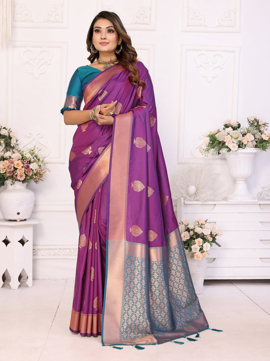 Vedant Vastram Soft Litchi Silk Banarasi Silk Saree - Purple | Swadesiicart