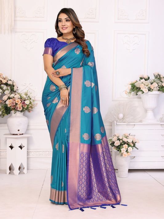 Vedant Vastram Soft Litchi Silk Banarasi Silk Saree - Rama | Swadesiicart