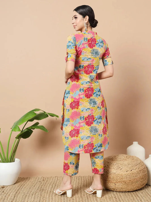 Yufta Mustard Floral Print Hand Work On Yoke Cotton Co-Ord Set - Swadesiicart