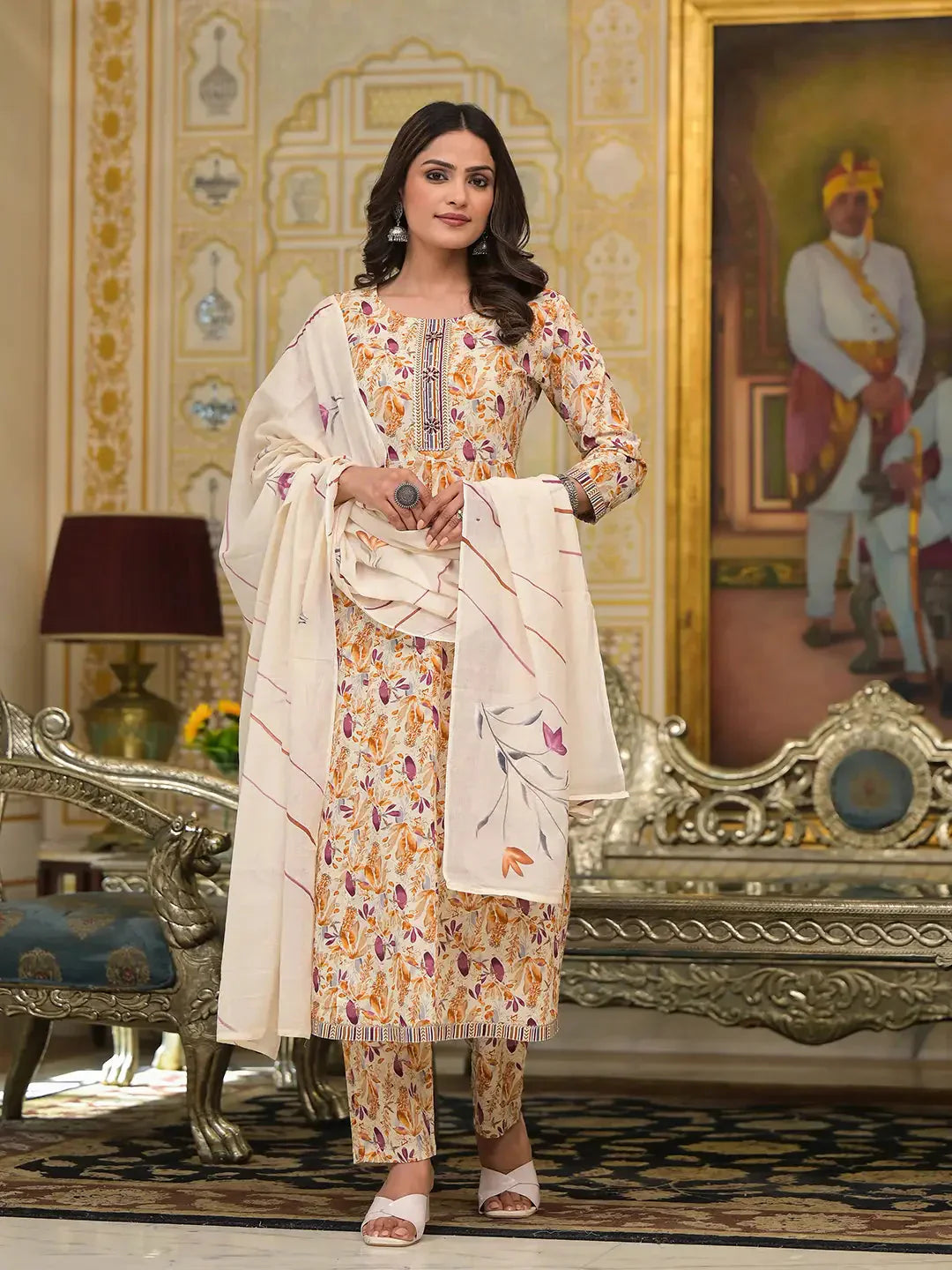 Yufta Mustard Leaf Print Zari Work Anarkali Kurta Trouser With Dupatta Set - Swadesiicart