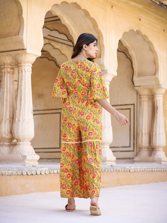 Yufta Mustard Printed Jumpsuit - Swadesiicart