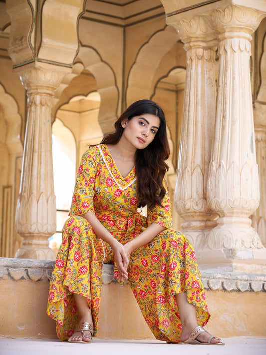 Yufta Mustard Printed Jumpsuit - Swadesiicart