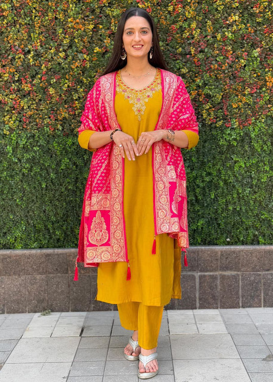 Lorenvalley Fashion Mustard Roman Silk Hand Work Kurta Pant with Dupatta - Swadesiicart