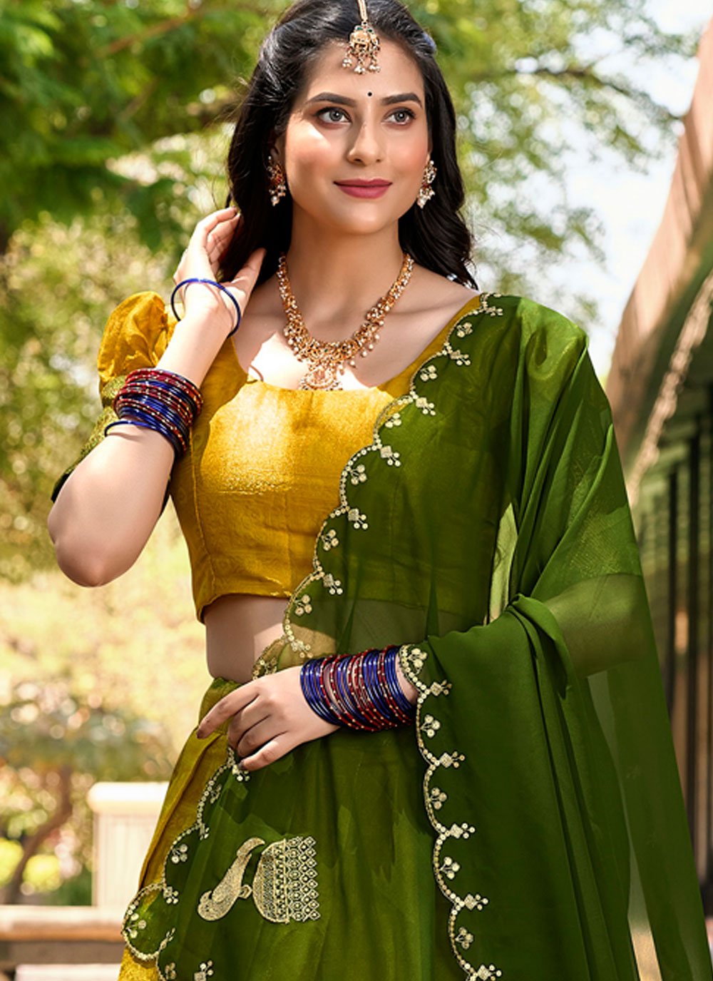 Lorenvalley Mustard Kanjivaram Silk Zari Weaving Lehenga Choli with Dupatta | Swadesiicart