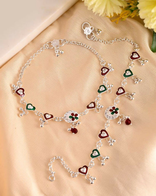VOJ Set of 2 Stone Studded Heart Shaped Traditional Anklet - Swadesiicart