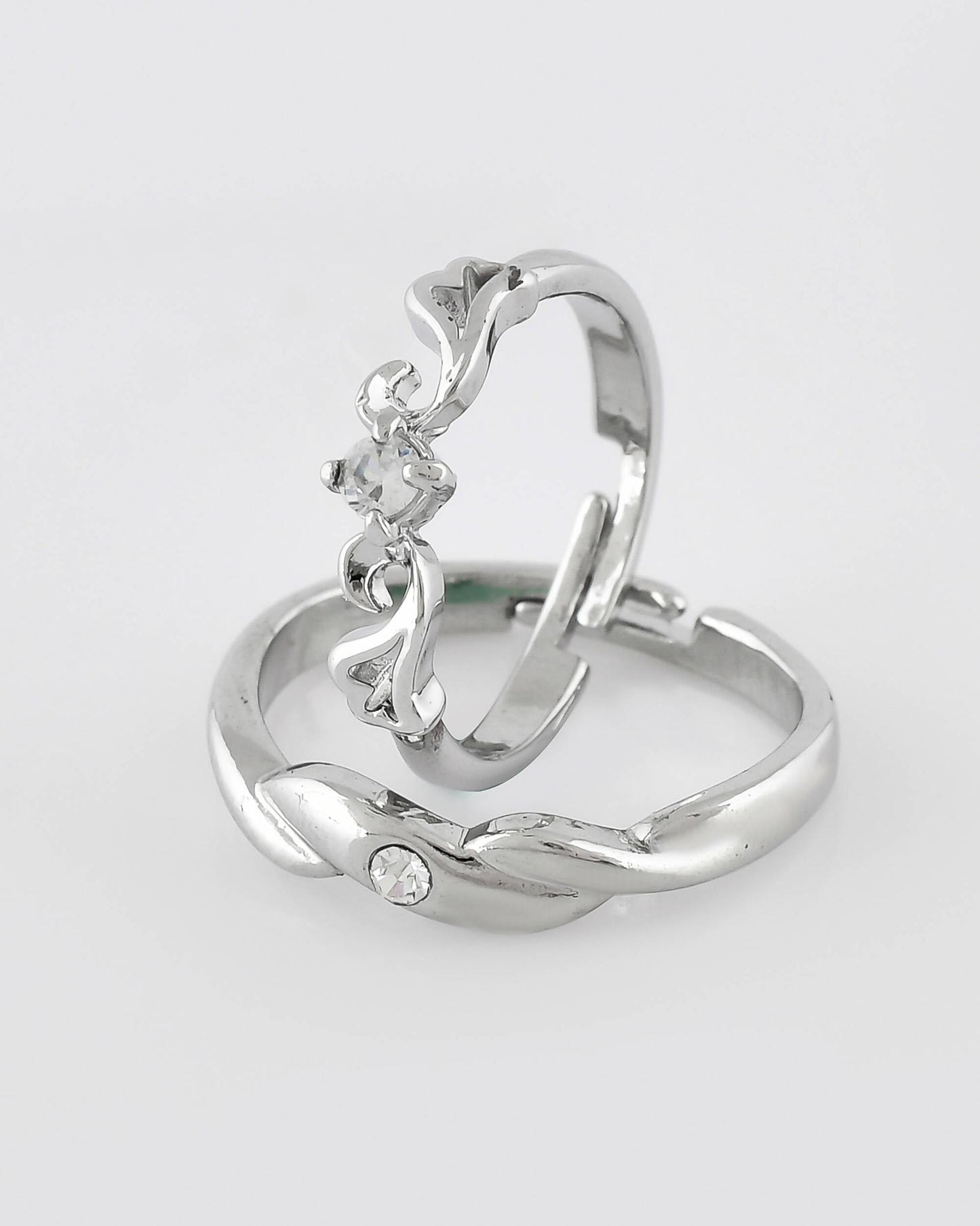 VOJ Stainless Steel Cubic Zirconia Silver Plated Adjustable Ring Set for Couple | Swadesiicart