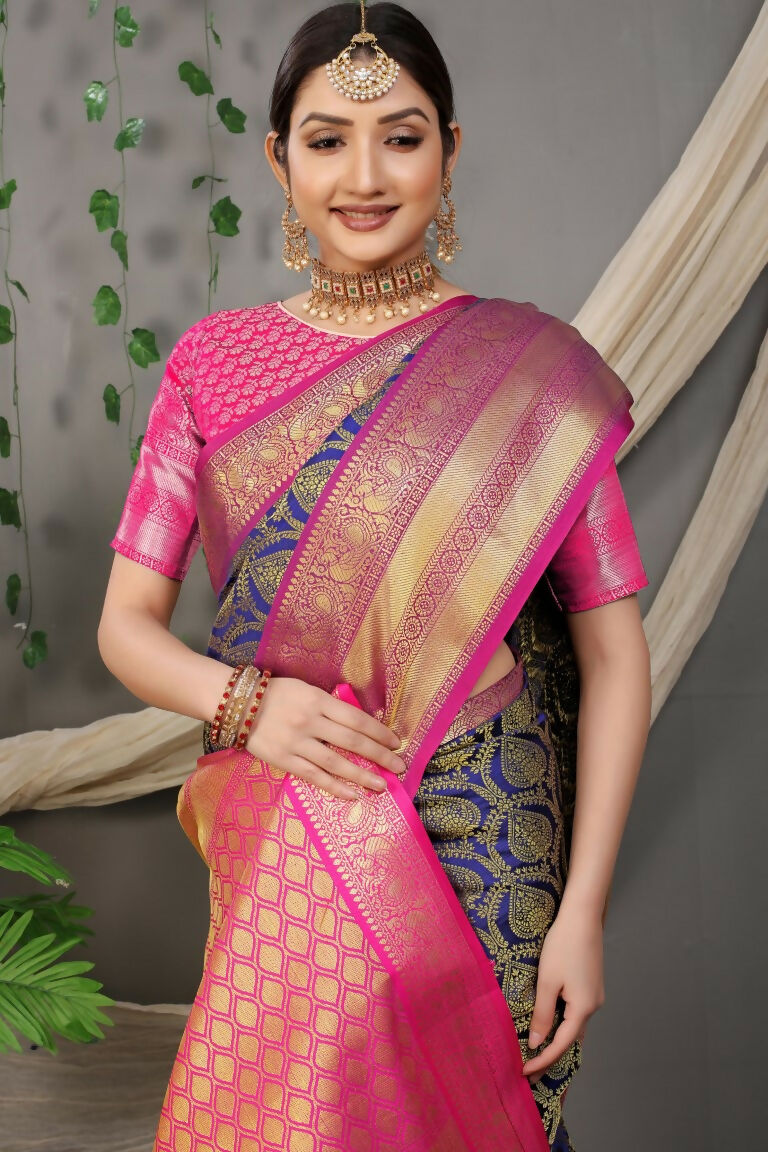 Jyoti Fashion Women's Navy Blue Kanjivaram Silk Zari Woven Saree with Blouse | Swadesiicart
