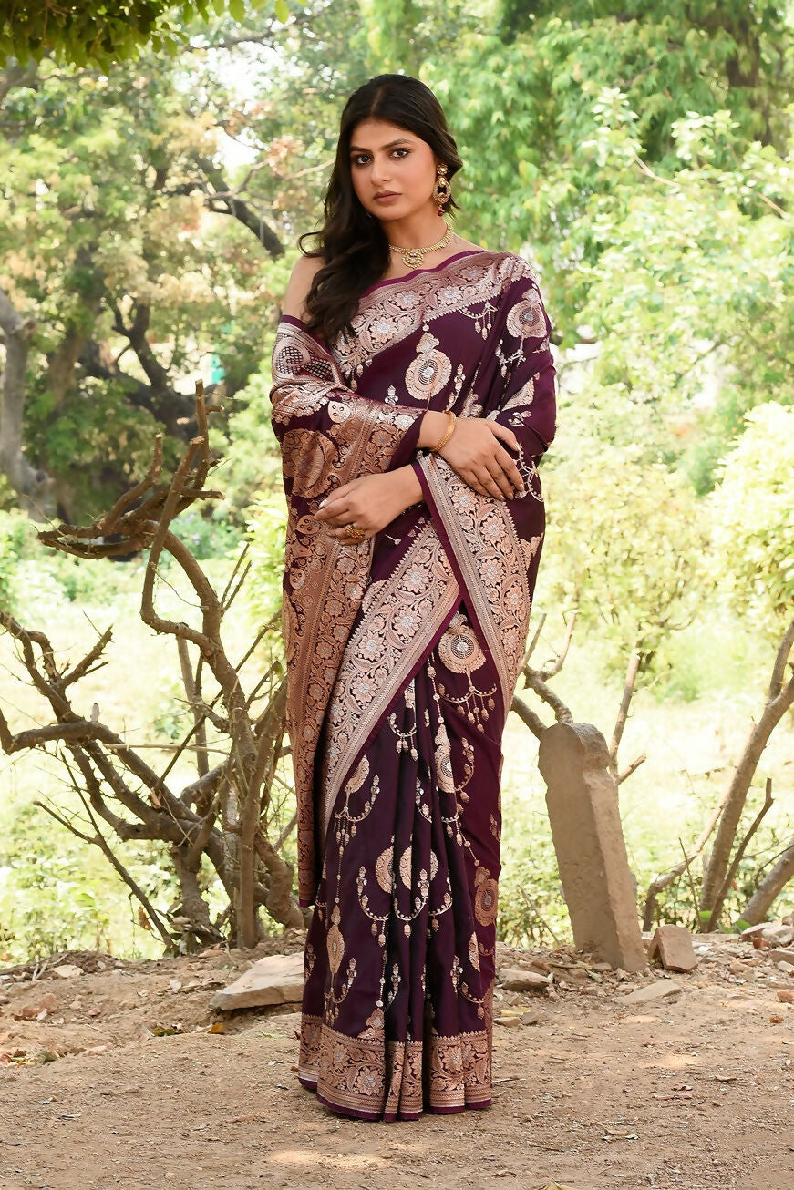Joban Fashion Wine Banarasi Soft Pure Handloom Banarasi Silk Saree | Swadesiicart