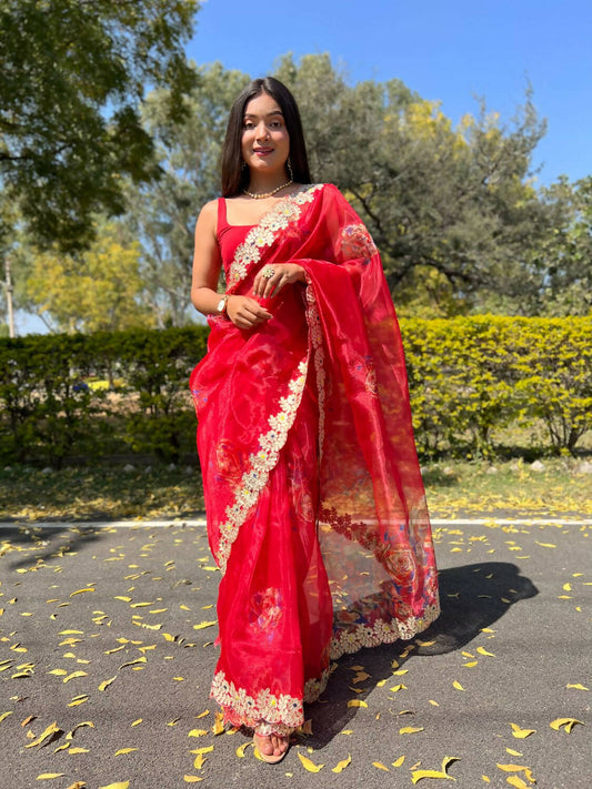 Vamsee Red Organza Saree - Swadesiicart