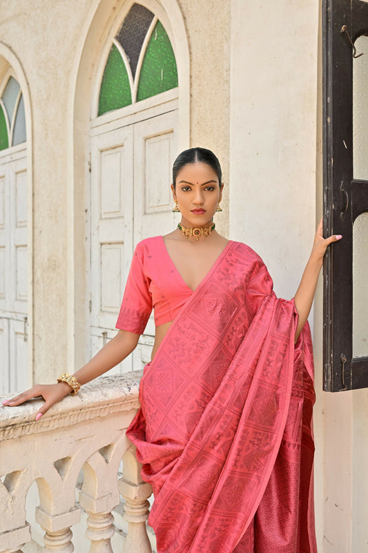 Vishnu Weaves Women's Red Handloom Raw Silk Saree with Blouse - Swadesiicart