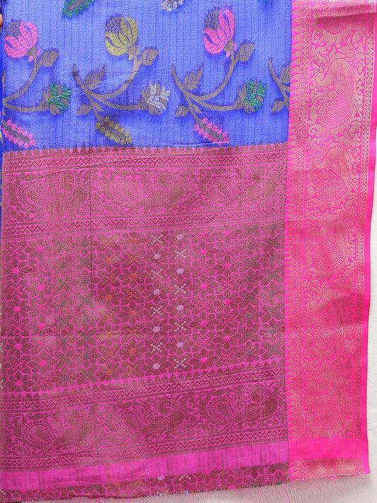 Lorenvalley Fashion Blue Cotton Woven Design Zari Meenakari Weaving Saree - Swadesiicart