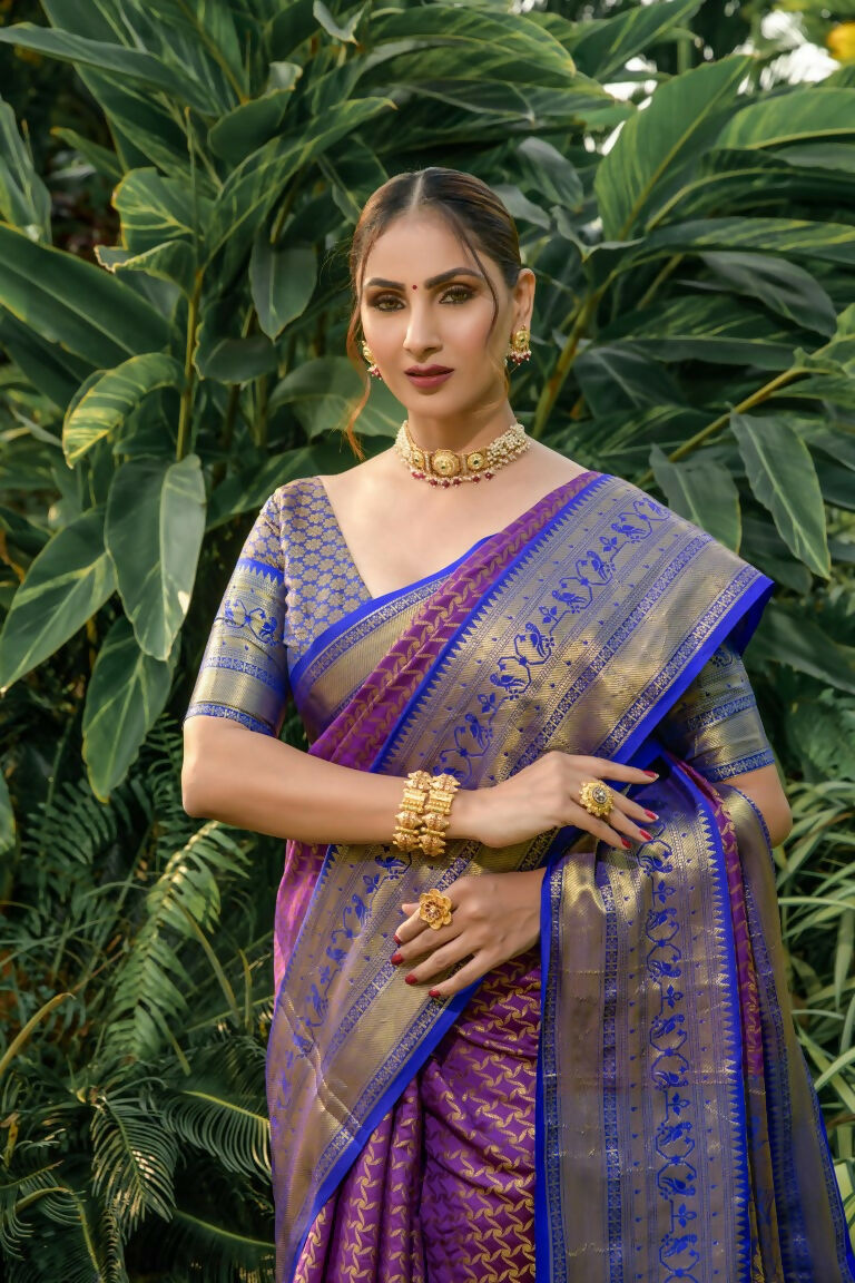 Jyoti Fashion Women's Purple Kanjivaram Silk Zari Woven Saree with Blouse | Swadesiicart