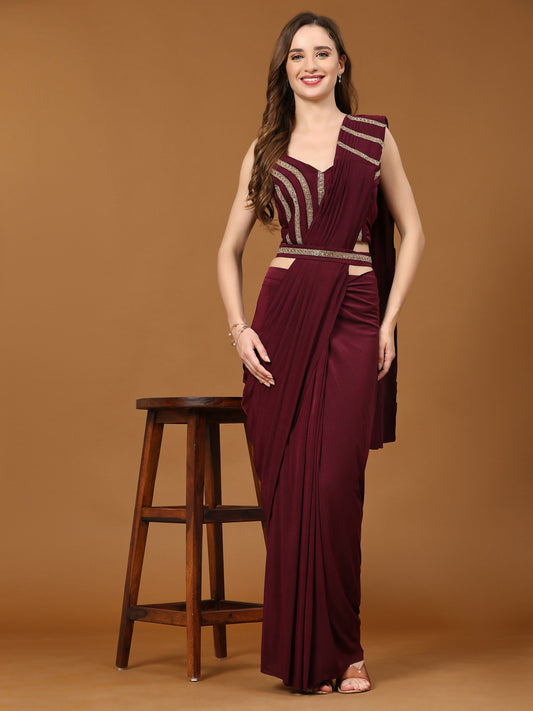 Maroon Polyester Solid Ready to Wear Saree with stitched Blouse - Nita | Swadesiicart