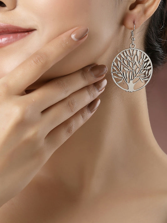 NVR Women's Silver-Toned Circular Shape German Silver Oxidised Drop Earrings