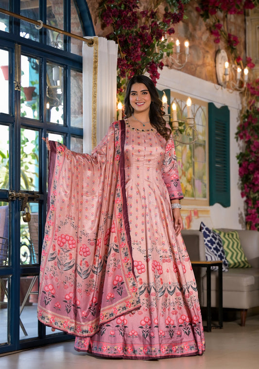 Partywear Designe rPeach Dola Silk Anarkali suit with Dupatta - Samyukta - Swadesiicart
