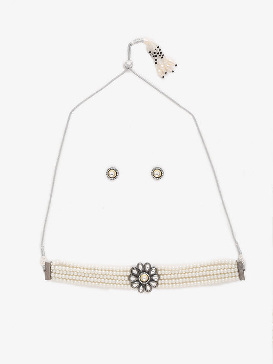 Silver-Plated Kundan Pearl Choker With Studs - Ruby Raang | Swadesiicart