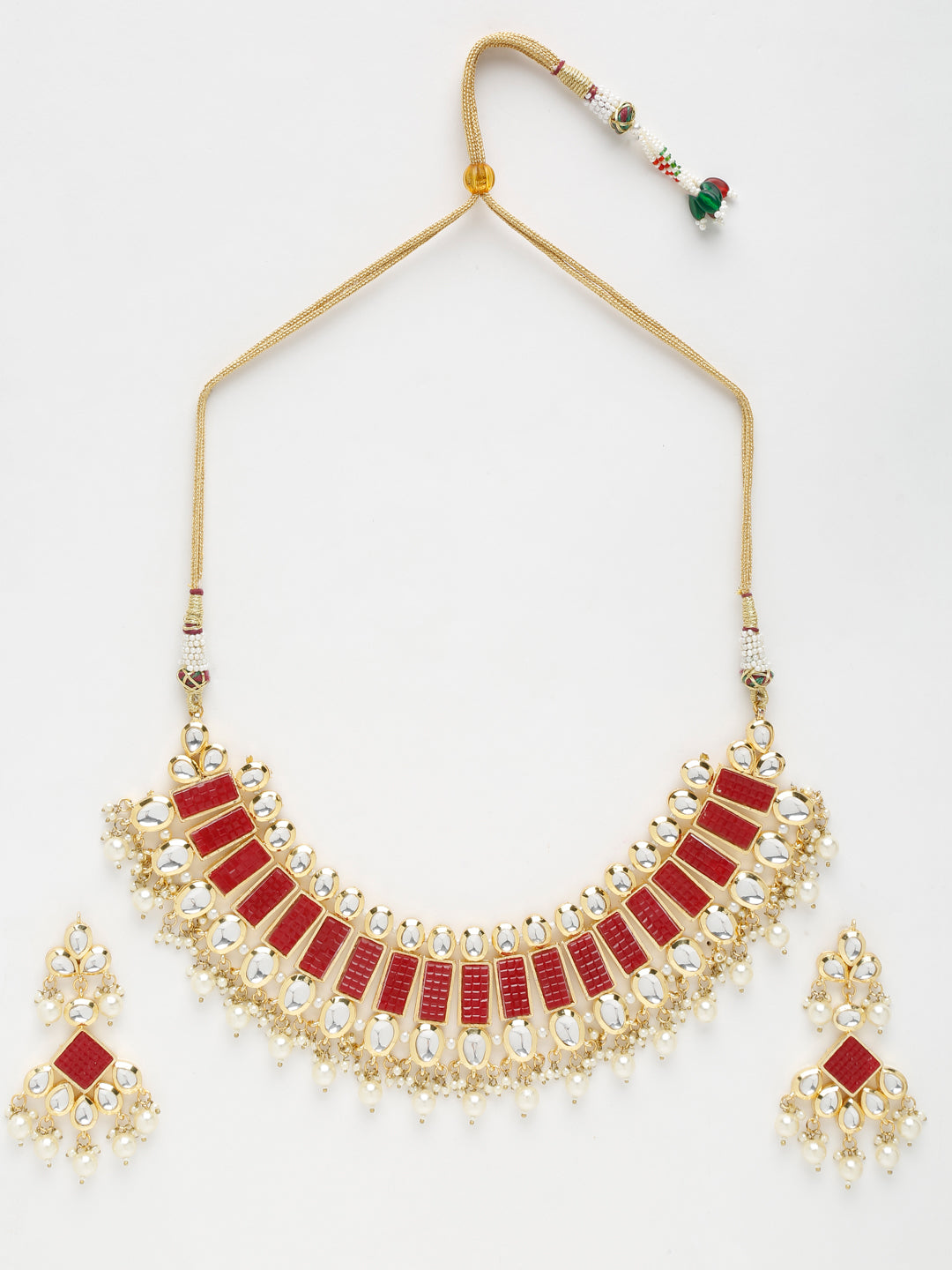 Long Kundan Neckpiece With Earrings - Ruby Raang - Swadesiicart