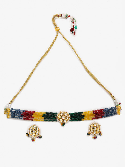 Multicoloured Kundan-Studded Beaded Choker Jewellery Set - Ruby Raang | Swadesiicart