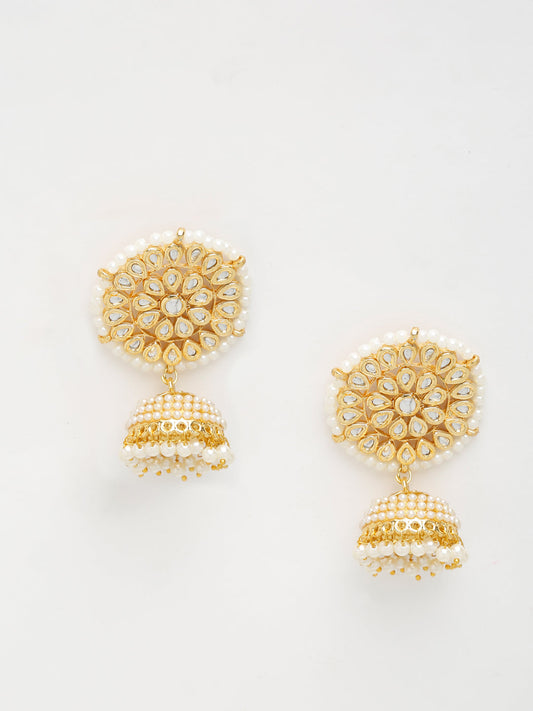 Gold White Kundan Studded Dome Shaped Jhumka Earrings - Ruby Raang | Swadesiicart