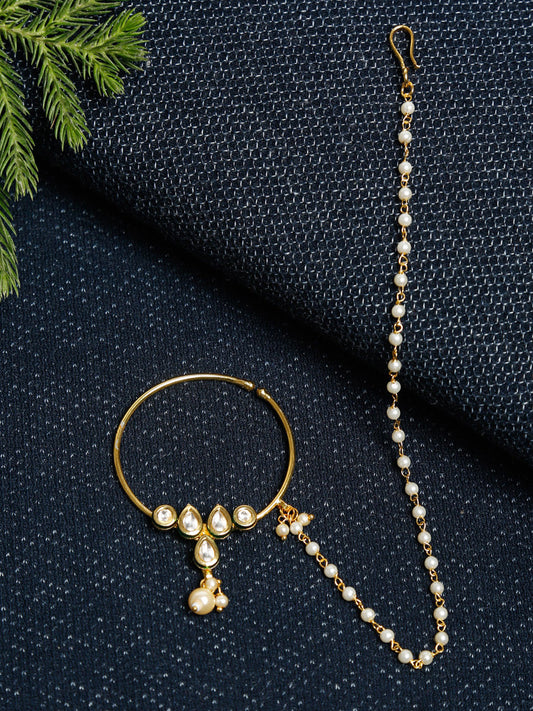 Gold-Polished Kundan Nose Ring - Ruby Raang | Swadesiicart