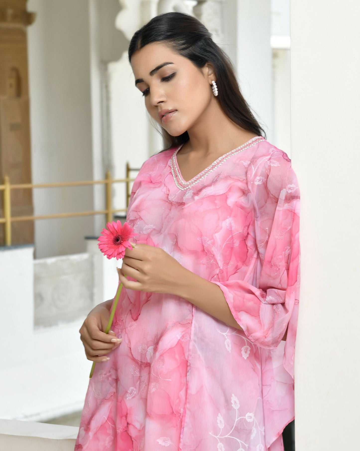 Vaasva Women's Pink Georgette Marble Print Kaftan Pant Set | Swadesiicart