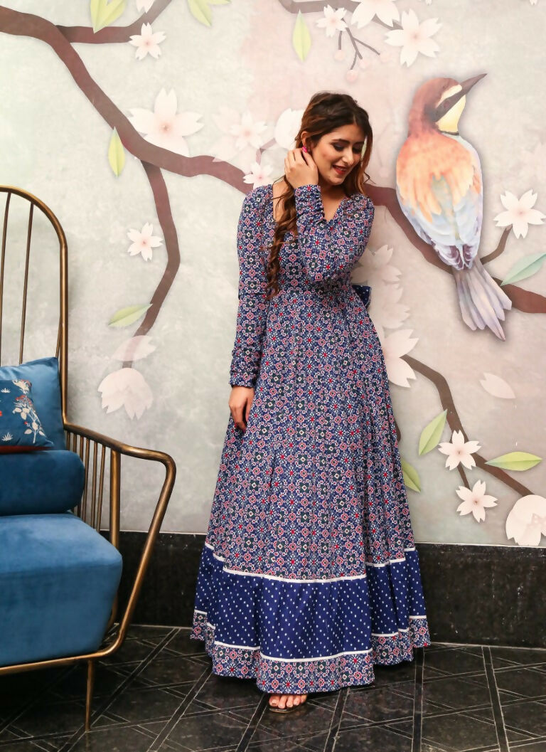 Jyoti Fashion Women's Navy Blue Heavy Digital Printed Cotton Silk Anarkali Dress | Swadesiicart