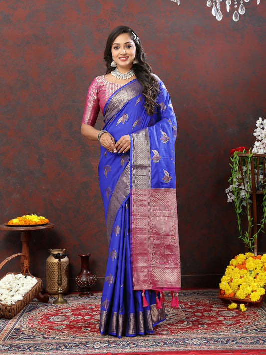 Lorenvalley Fashion Blue Soft Silk Woven Design Zari Weaving Saree - Swadesiicart