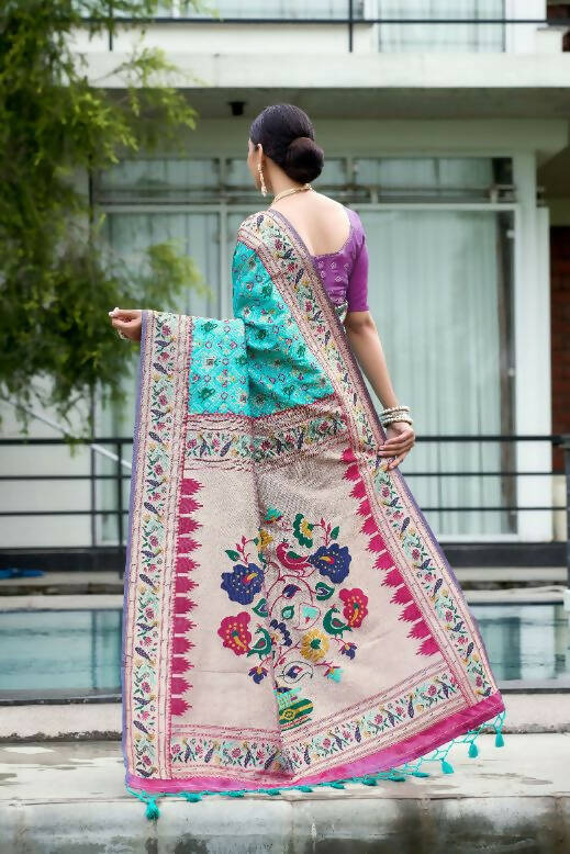Vishnu Weaves Women's Firozi Paithani Patola Silk Zari Woven Saree with Unstitched Blouse - Swadesiicart