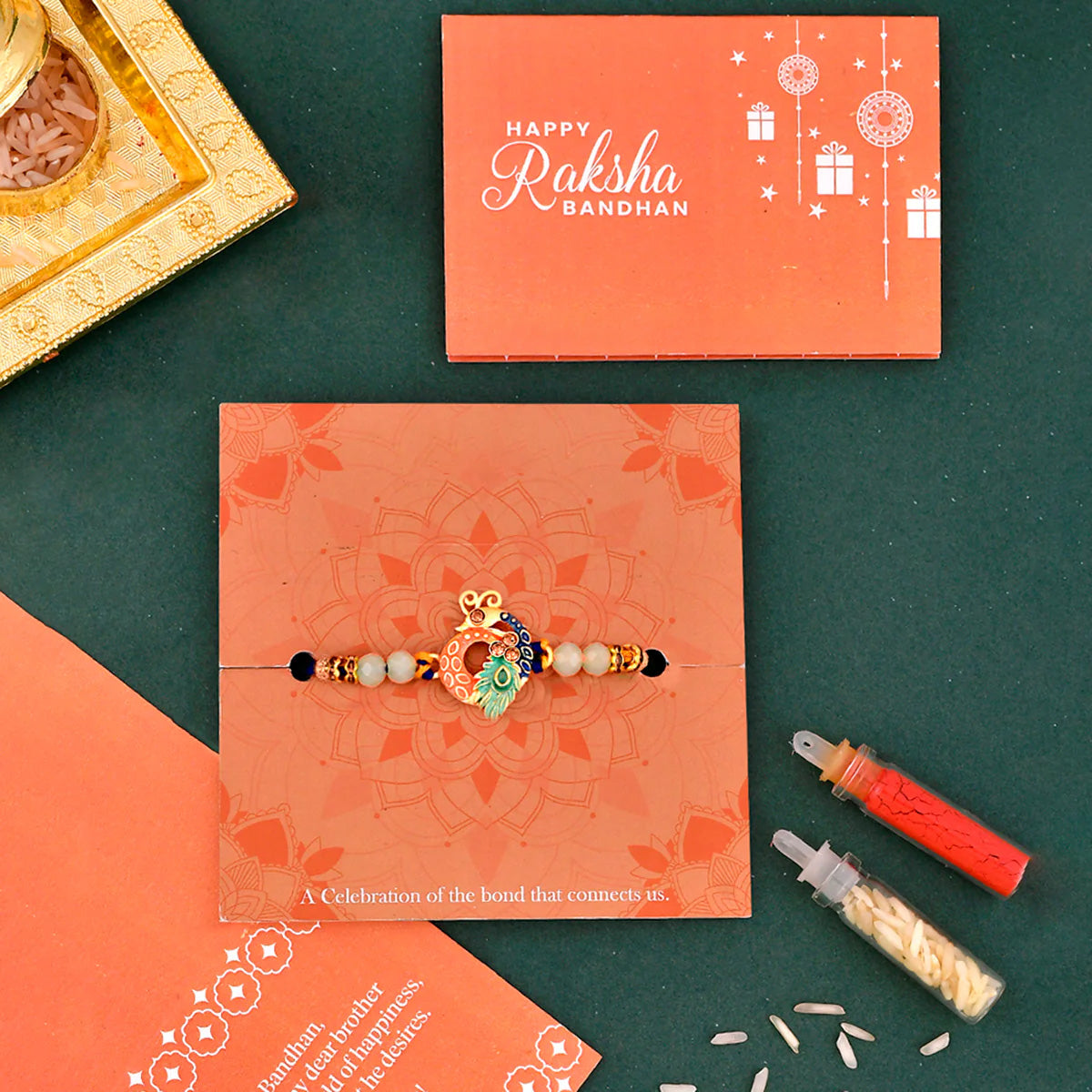 trueBrowns X Voylla Colorful Enameled Peacock Motif Beaded Thread Rakhi | Swadesiicart