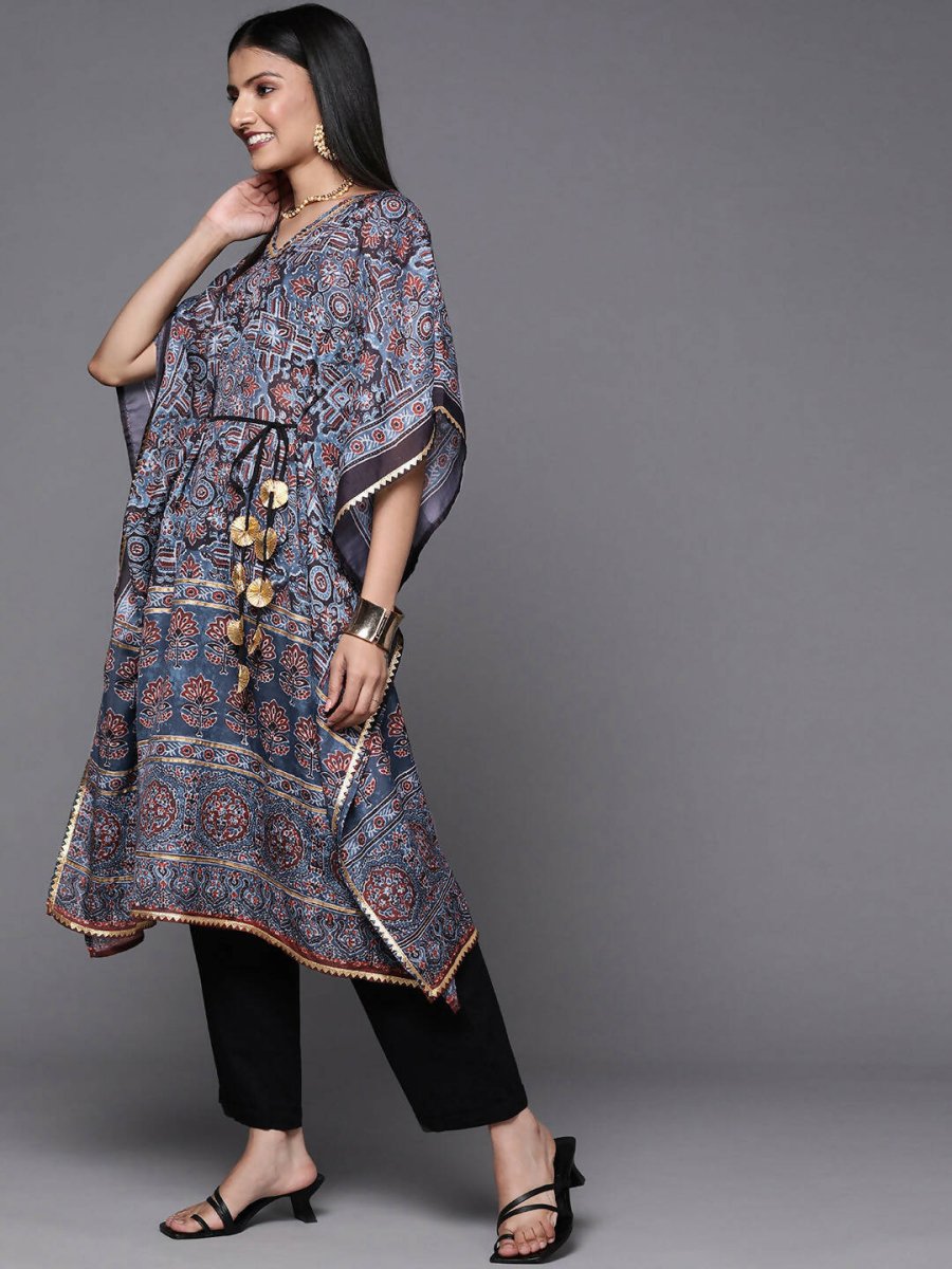 Ahalyaa Navy Blue & Maroon Floral Print Kaftan Kurta | Swadesiicart
