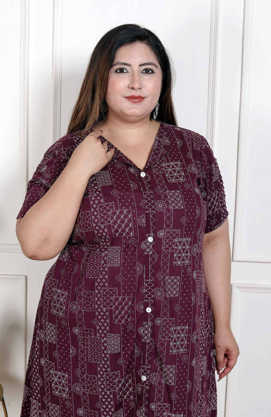 Miravan Women's Plus Size Wine Mandarin Neck Floral Printed A-Line Party wear Kurta - Swadesiicart