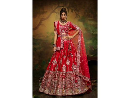 House of Panchhi Red Pure Silk Moti & Zarkan heavy embroidery Lehenga choli & Dupatta | Swadesiicart