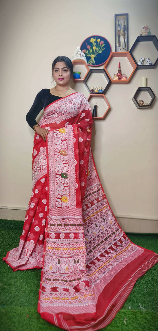 Exclusive Collection Handloom Dhakai Jamdani Saree - Red - Swadesiicart