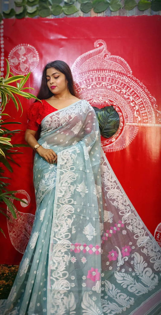 Exclusive Collection Handloom Dhakai Jamdani Saree - Sea green - Swadesiicart