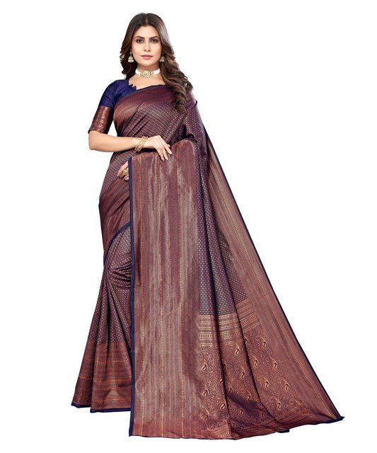 Vamika Weaving Banarasi Jacquard Navy Kanjivaram Saree | Swadesiicart