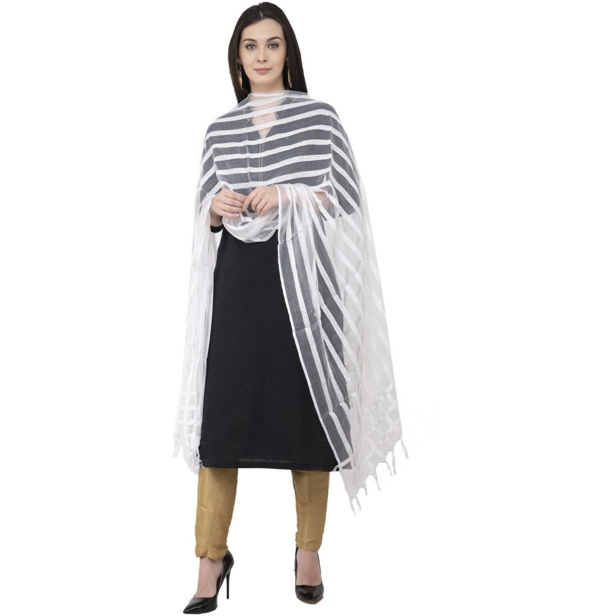 A R Silk Moti Luv Luv Stripe Regular Dupatta White Color Dupatta or Chunni | Swadesiicart