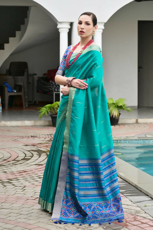 Vishnu Weaves Women's Rama Raw Silk Patola Zari Woven Saree with Blouse - Swadesiicart
