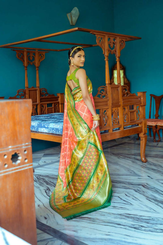 Vishnu Weaves Women's Gajri Patola Banarasi Silk Meenakari Zari Woven Saree with Blouse - Swadesiicart