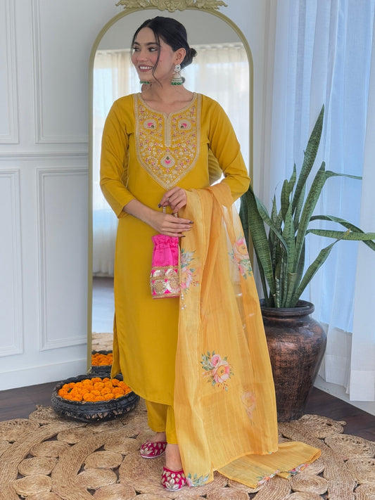 The52 Mustard Embroidered Rayon Fabric Straight Kurta, Pant and Dupatta Set - Swadesiicart