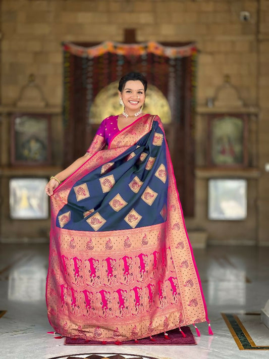 PR Fashion Morpich Soft Banarasi Silk With Zari Weaving Meenakari Design Saree | Swadesiicart