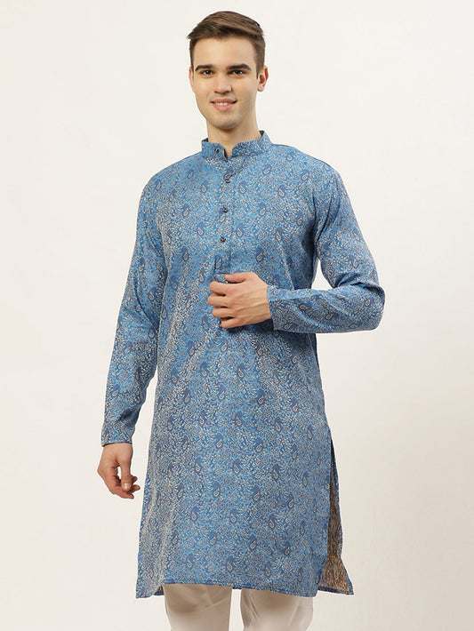 Jompers Men's Blue Printed Jacquard Kurta Only | Swadesiicart