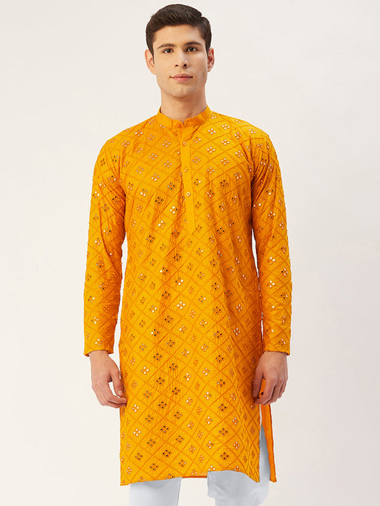 Jompers Men's Yellow Embroidered Mirror Work Kurta Only | Swadesiicart
