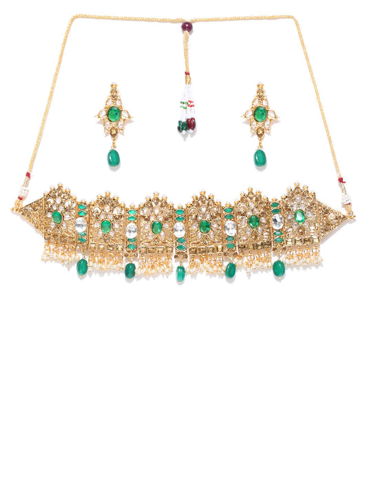 Priyaasi Women Emerald Beads Kundan Gold-Polished Floral Jewellery Set - Swadesiicart