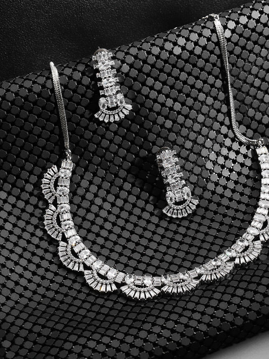 Priyaasi Women American Diamond Silver Plated Jewellery Set - Noz2Toz